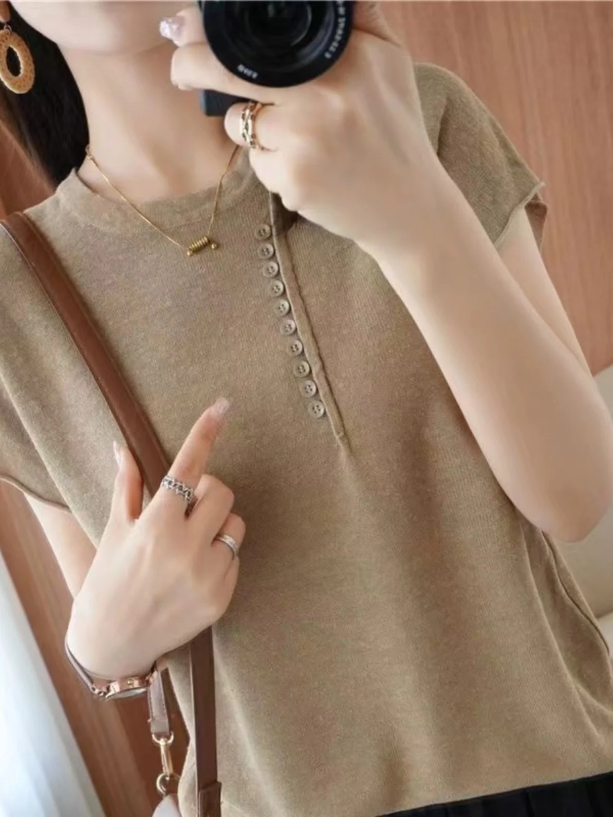 

Свободная женская футболка из ледяного шелка с коротким рукавом, вязаная, летняя, дышащая, комфортная, модная, простая, с круглым вырезом