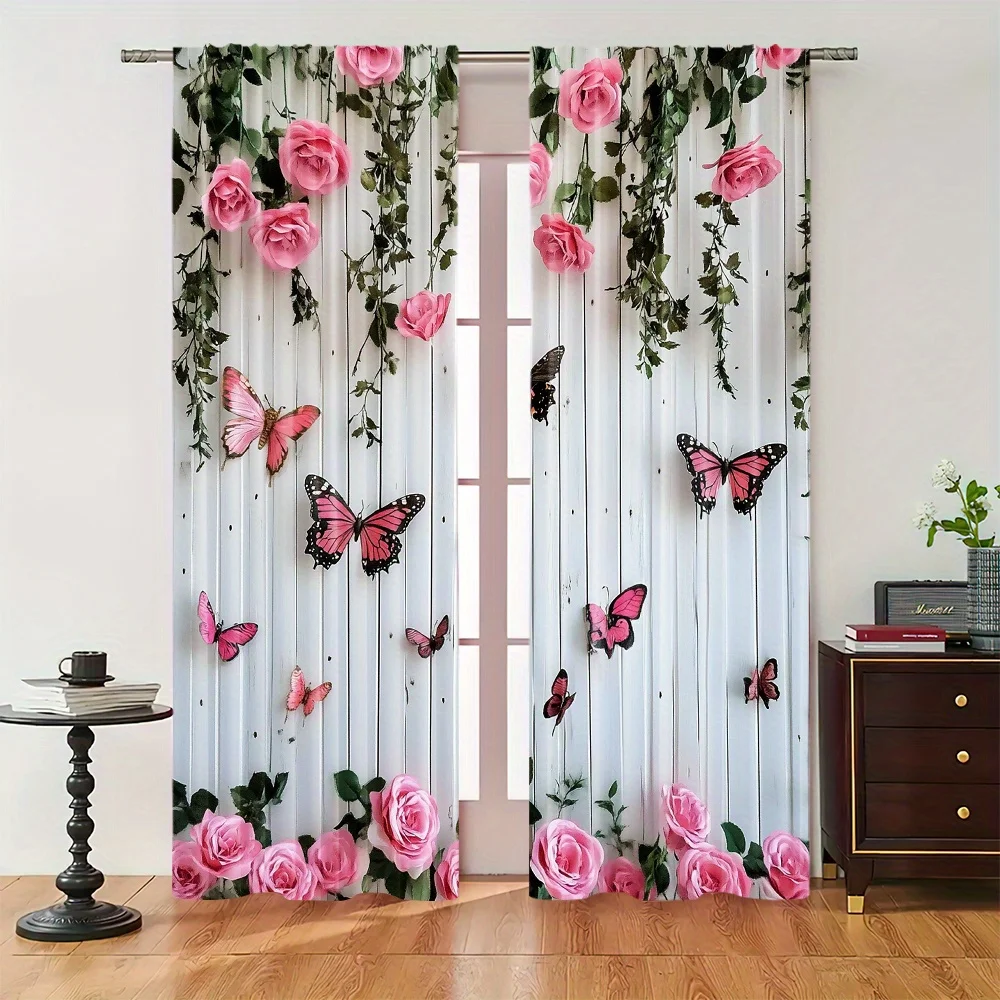 2pcs Set Butterfly & Pink Rose Blackout Curtains - Heat Insulating, Privacy Enhancing Translucent Drapes for Bedroom, Living Roo