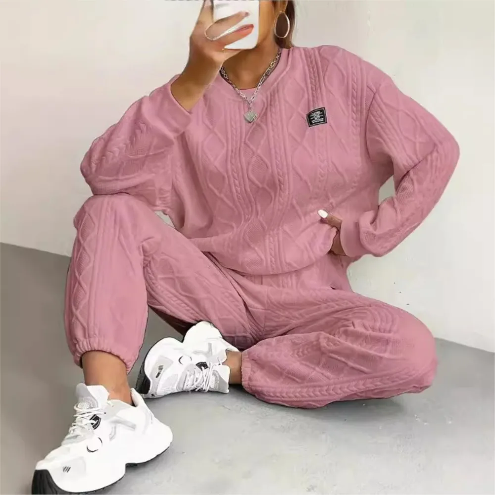 秋と冬の女性のジャカード長袖カジュアルラウンドネックスウェットシャツとズボンスーツONeck-round保温ソリッドカラー