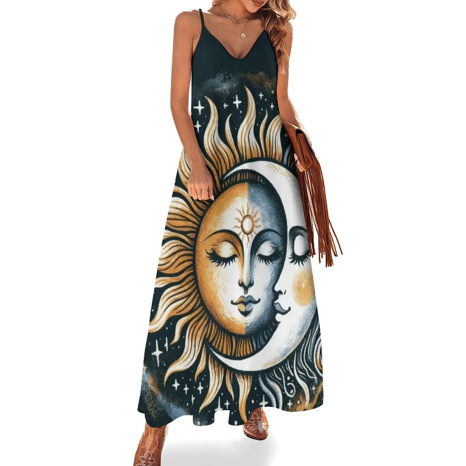 

Vintage Sun and Moon Solar Eclipse Sleeveless Long Dress dress party night sexy dress for women for woman