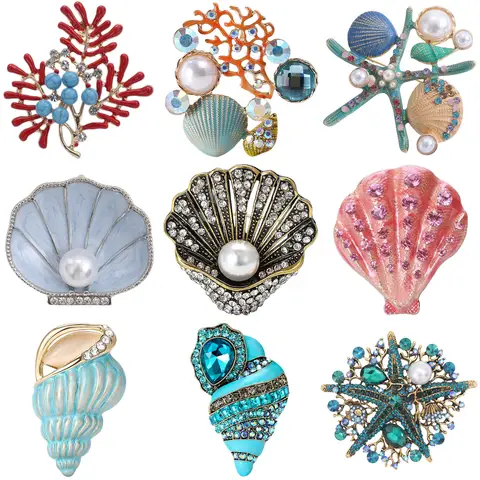 Enamel Starfish Brooches for Women Unisex Pearl Shell Sea Plant Pins Banquet Party Backpack Gifts Jewelry Accessories