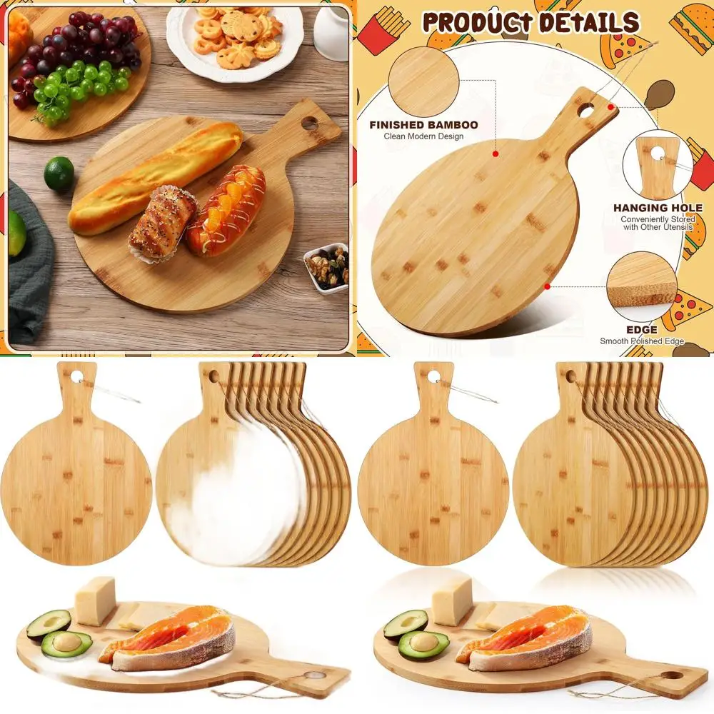 

12 Bamboo Round Cutting Boards with Handle, Set of 10, Ideal for Kitchen Prep, Baking, and Serving Pizza, Bread, Cheese, Fruits,