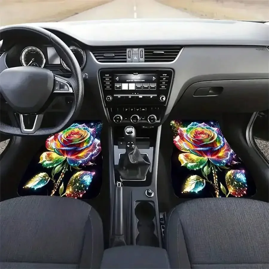 4-Piece Universal Car Floor Mats With Colorful Rose Pattern Easy Clean Dust Collecting Interior Decor