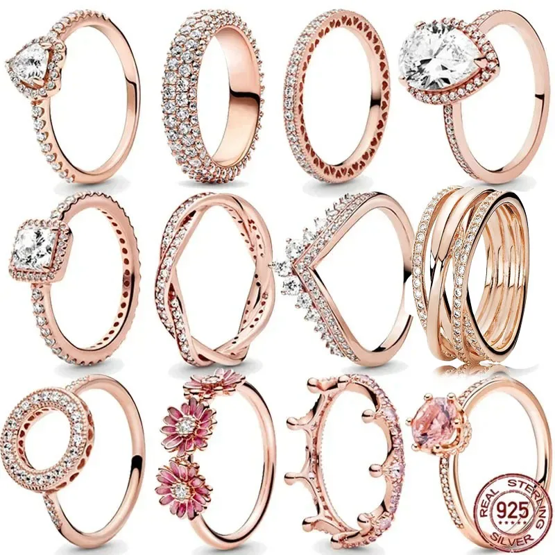 

Fashion Jewelry 925 Pure Silver Ring Classic Rose Gold Series Sparkling Crown Charm Ring Wedding Engagement Exquisite Gift