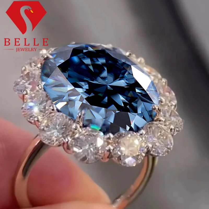 Anillo de plata 925 con piedra moissanita para mujer, chapado en oro blanco de 18 quilates, 2 quilates, moissanita ovalada azul vivo, anillo de compromiso de boda, anillo de regalo