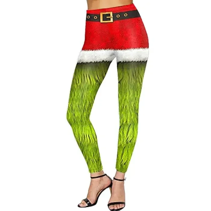 Teanoon Women'S Christmas Leggings Cute High Waist Elastic Printed Party Trousers Xmas Pants Mujer Green 3d Printed Legging