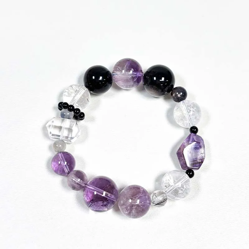 

Transparent Purple Shaped Blackcurrant Obsidian Black Rutilated Quartz White Spinel Moonstone Bracelet