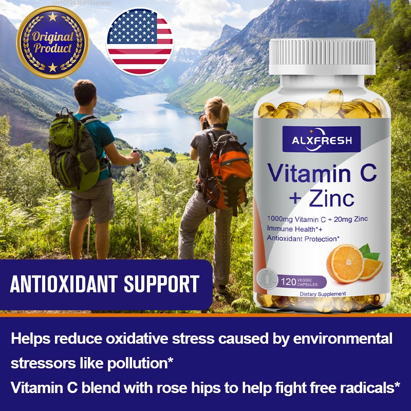 Alxfresh Vitamin C 1000mg with Zinc 20mg | Antioxidant, Immune System, Skin Support Supplement | Non-GMO & Gluten Free Vegan