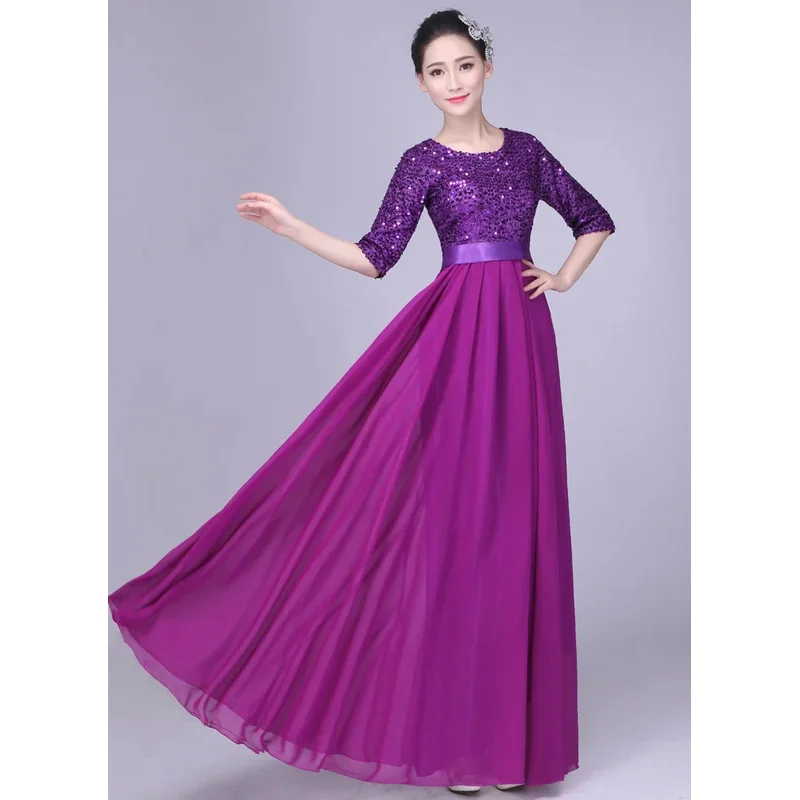 New fashion stage chorus costumes Middle-aged women singing group sequined sequins long section dress performance clothing