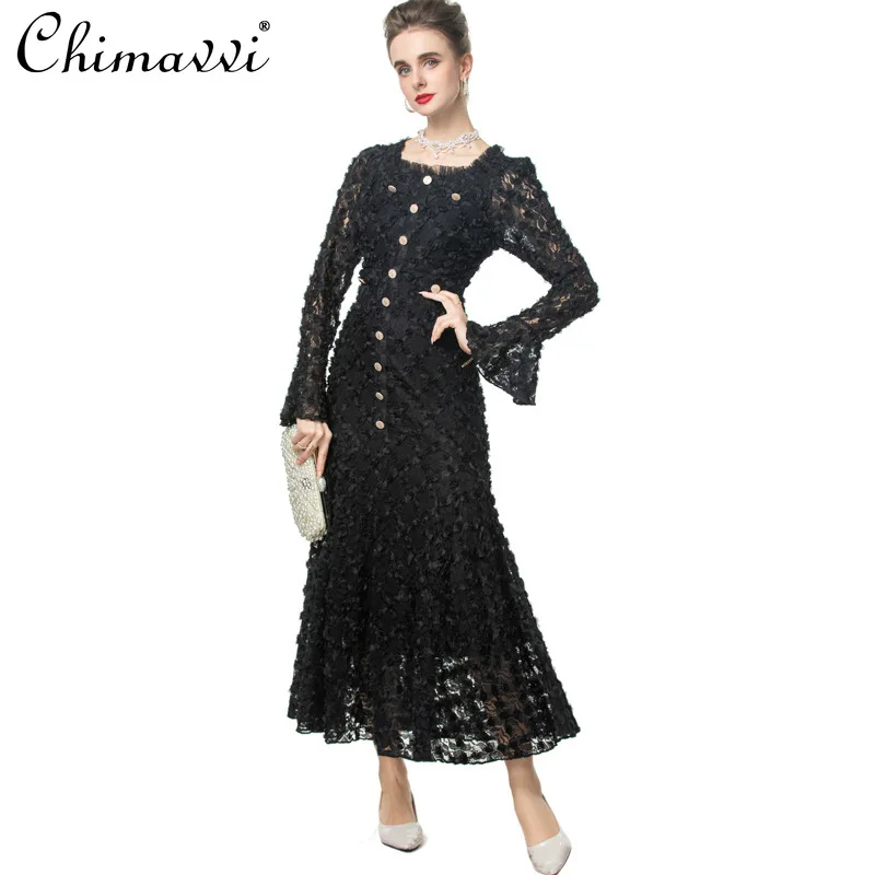 

Heavy 3D Floral Square Neck Flared Long Sleeve Vintage Princess Dress Women's Autumn New Fashion High-End Slim Fit Elegant Dress