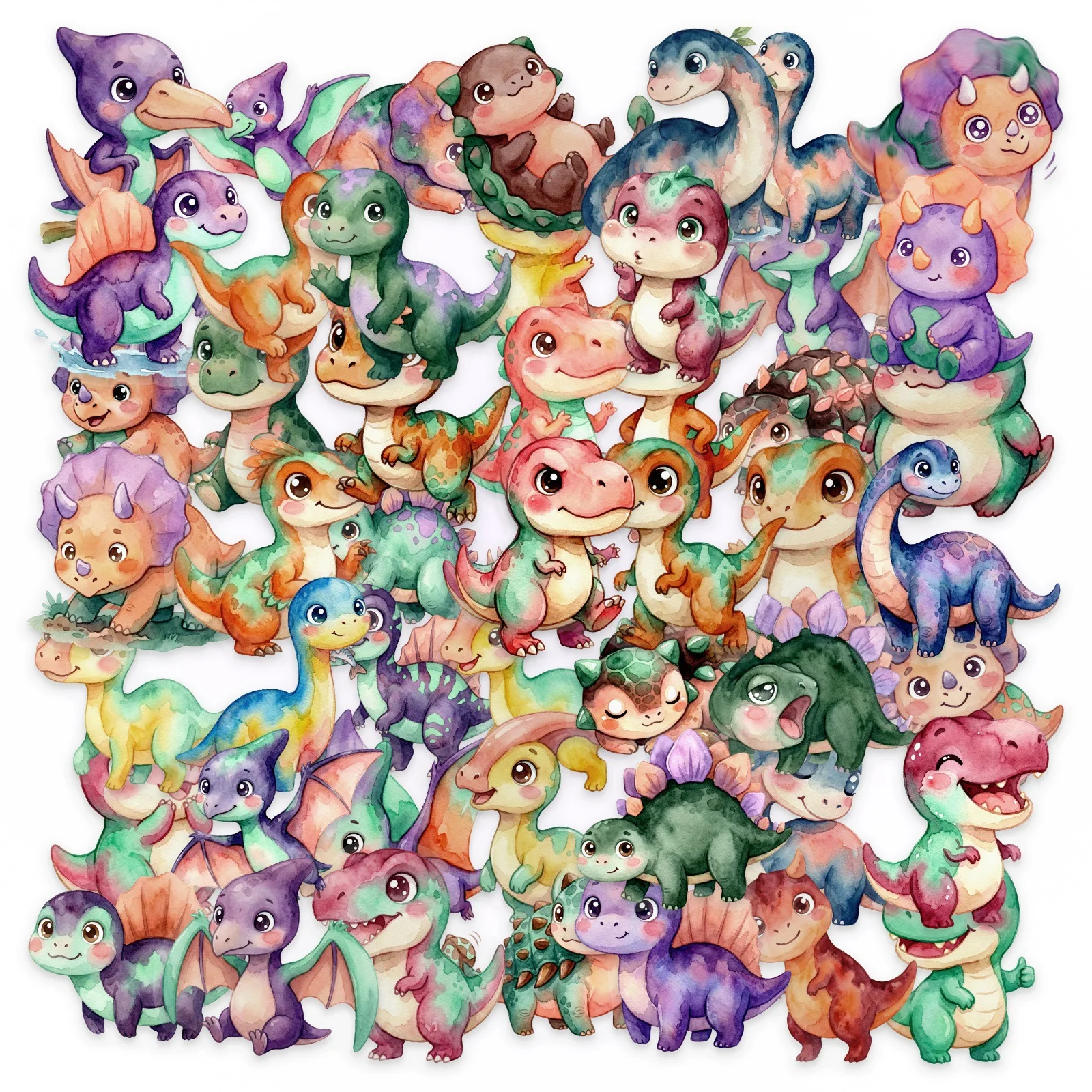 

50pcs Transparent PET Cartoon Watercolor Dinosaur Stickers Handbooks Tablets Phone Water Cup Decor Stationary Notebook Sticker