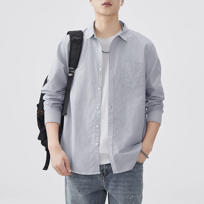 

Осенняя мужская рубашка с длинным рукавом Осенние оксфордские хлопковые повседневные рубашки с нагрудным карманом Модные мужские рубашки в стиле сафари на пуговицах