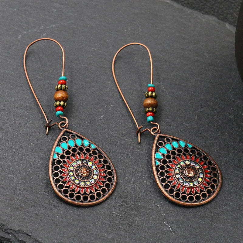 Vintage Bohemian Drop Dangle Earrings For Women Long Crystal Flower Hollow Geometric Enamel Ethnic Boho Wedding Earrings Jewelry