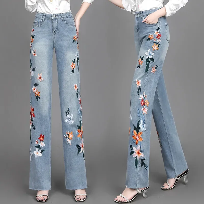 Straight Pants Denim New 2024 High-End Embroidered Wide-Leg Jeans Women's Spring And Autumn Ladies' Trousers