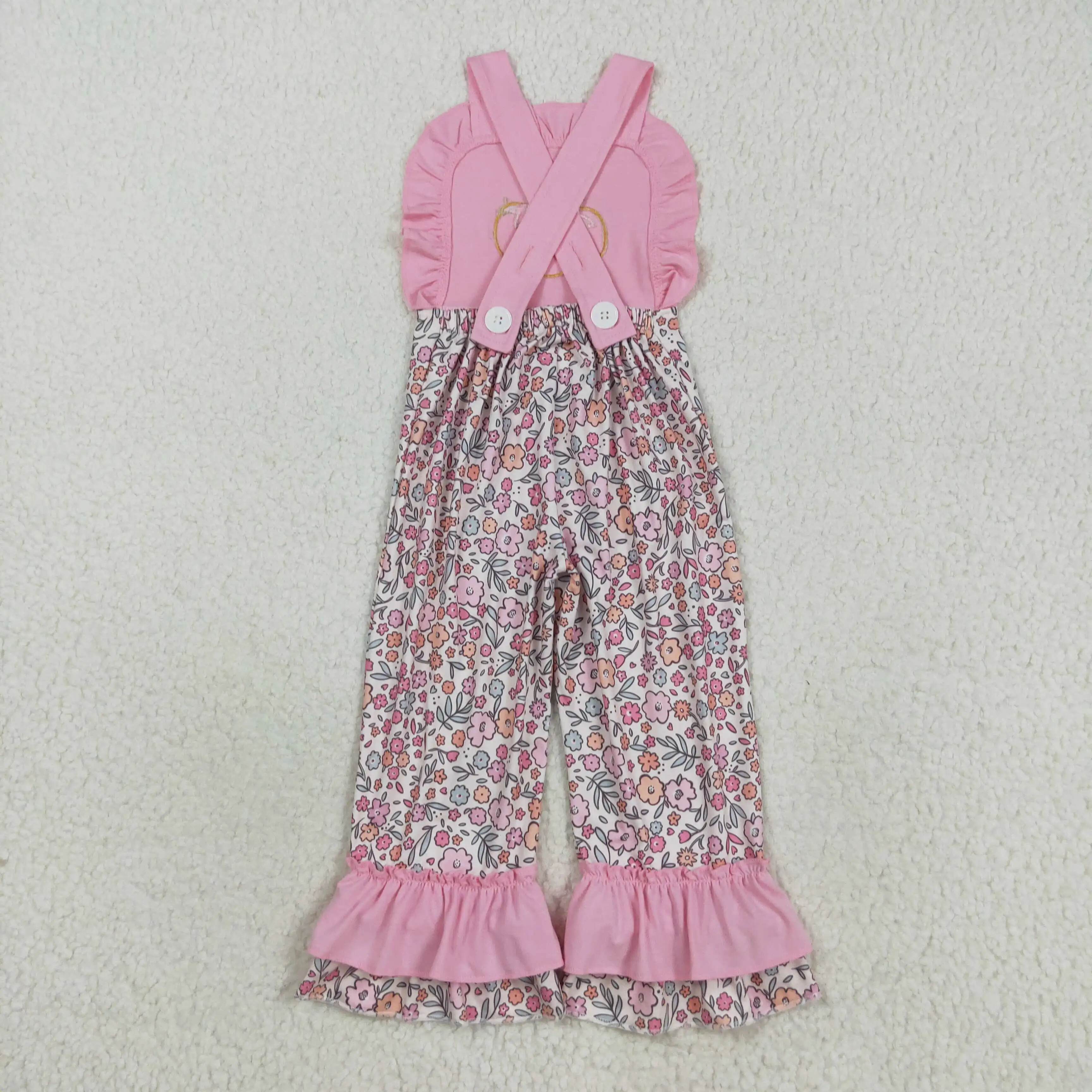 Toddler Girl Embroidery Pumpkin Romper Pink Floral Jumpsuit Fall Ruffle Pants Cute Baby Girl Clothes for Halloween Thanksgiving