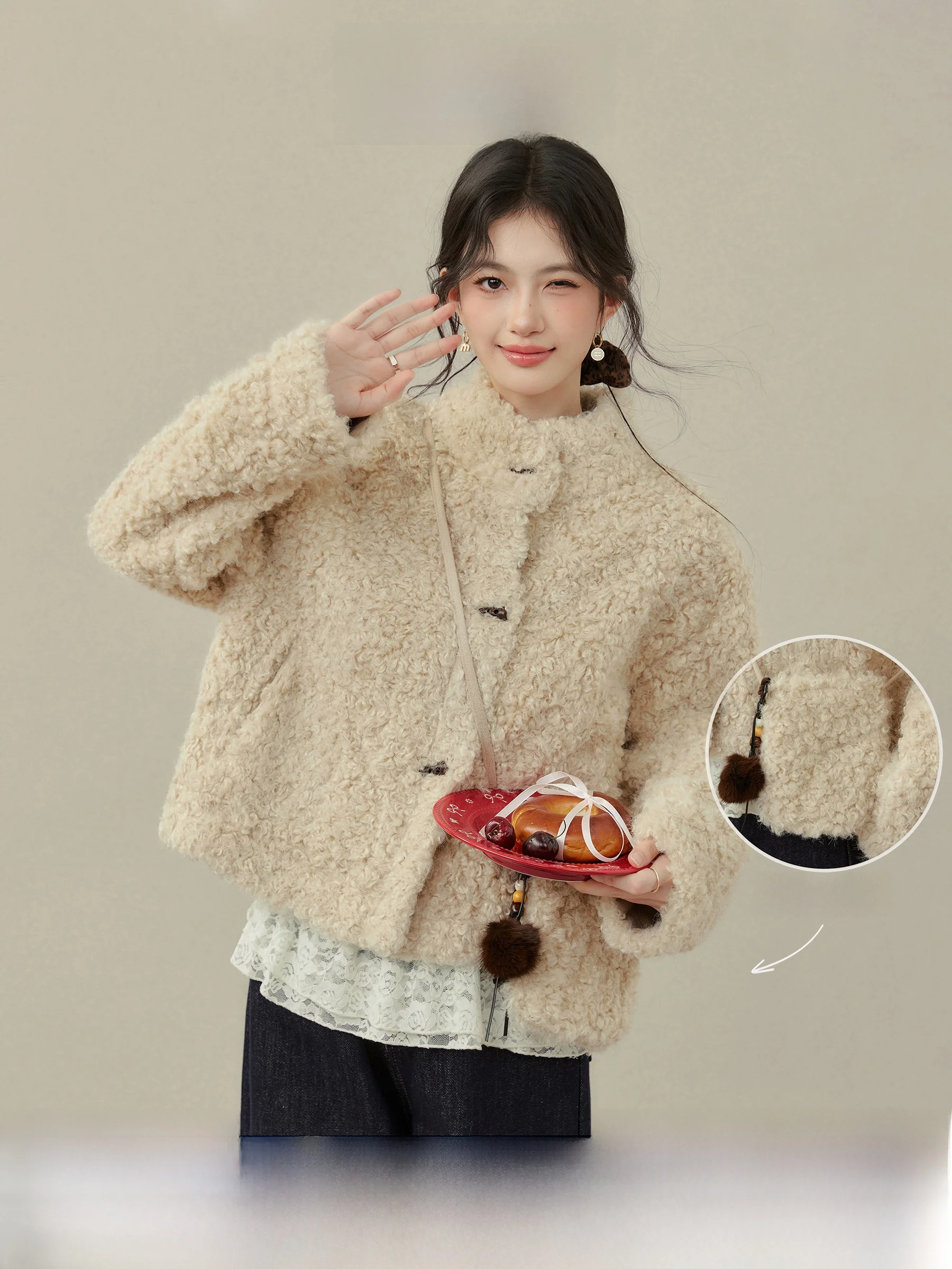 

Ele ort Thiened Women's Fur Coat Xue Rong And Xuan Lamb Fur Resistant Eco-friendly Leather Jaet Casual Sle Ball D...