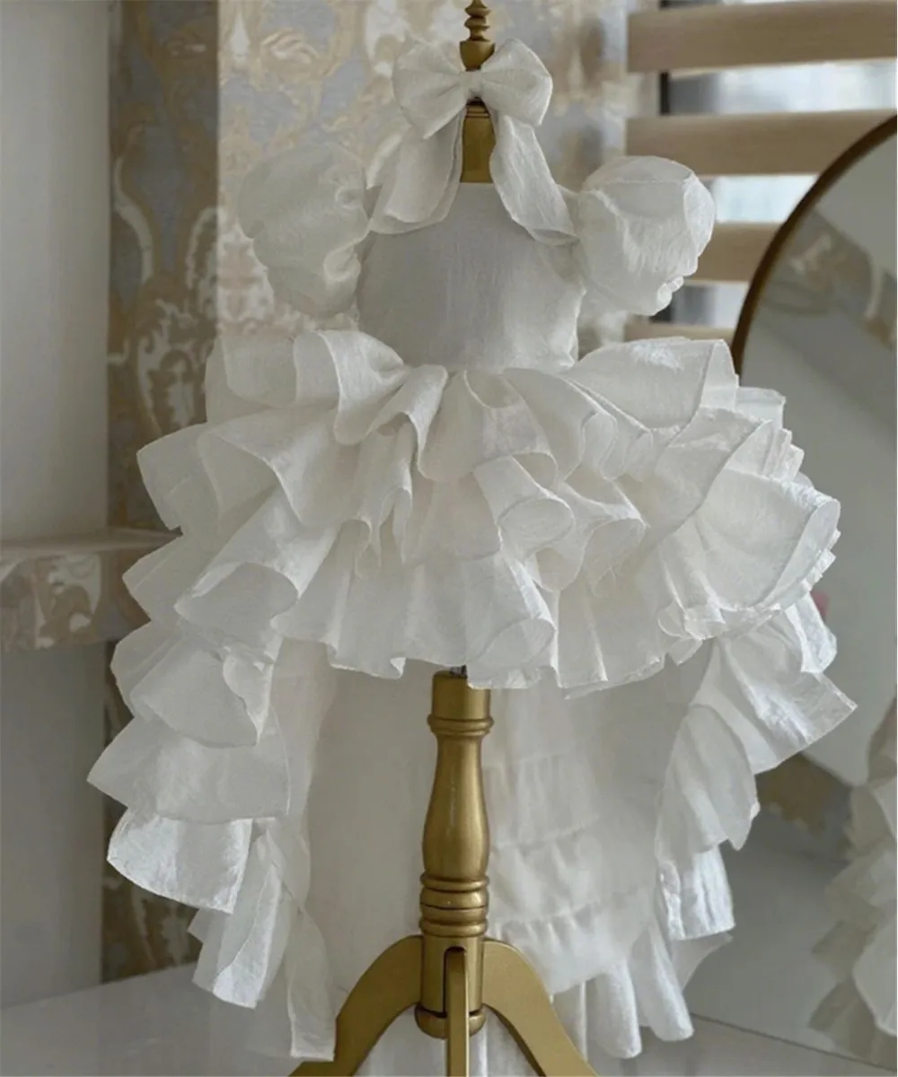 

Lovely Flower Girl Wedding Dress Short Sleeves Bow Tiered Ball Gown Princess Birthday Party Dress Kids First Communion Gown
