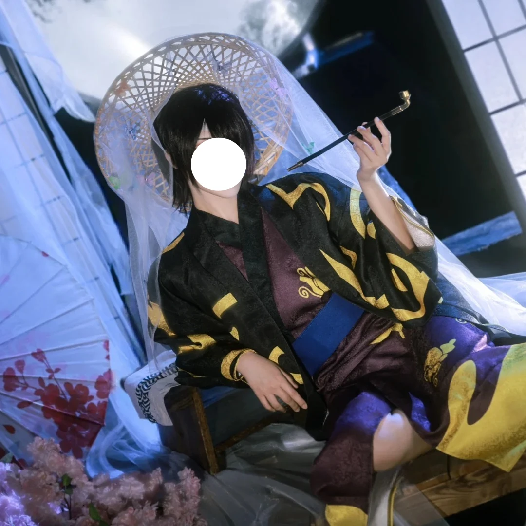 Takasugi Shinsuke Cosplay Costume Traditional Japanese Kimono Perple Suit Robe Outfit and Wig for Comic Con Party Roleplay