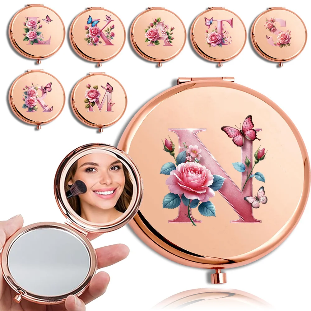 Women Flip Top Round Makeup Mirror Practical Handheld Beauty Tool Double Sided Metal Pocket Mirror Pink Butterfly Pattern