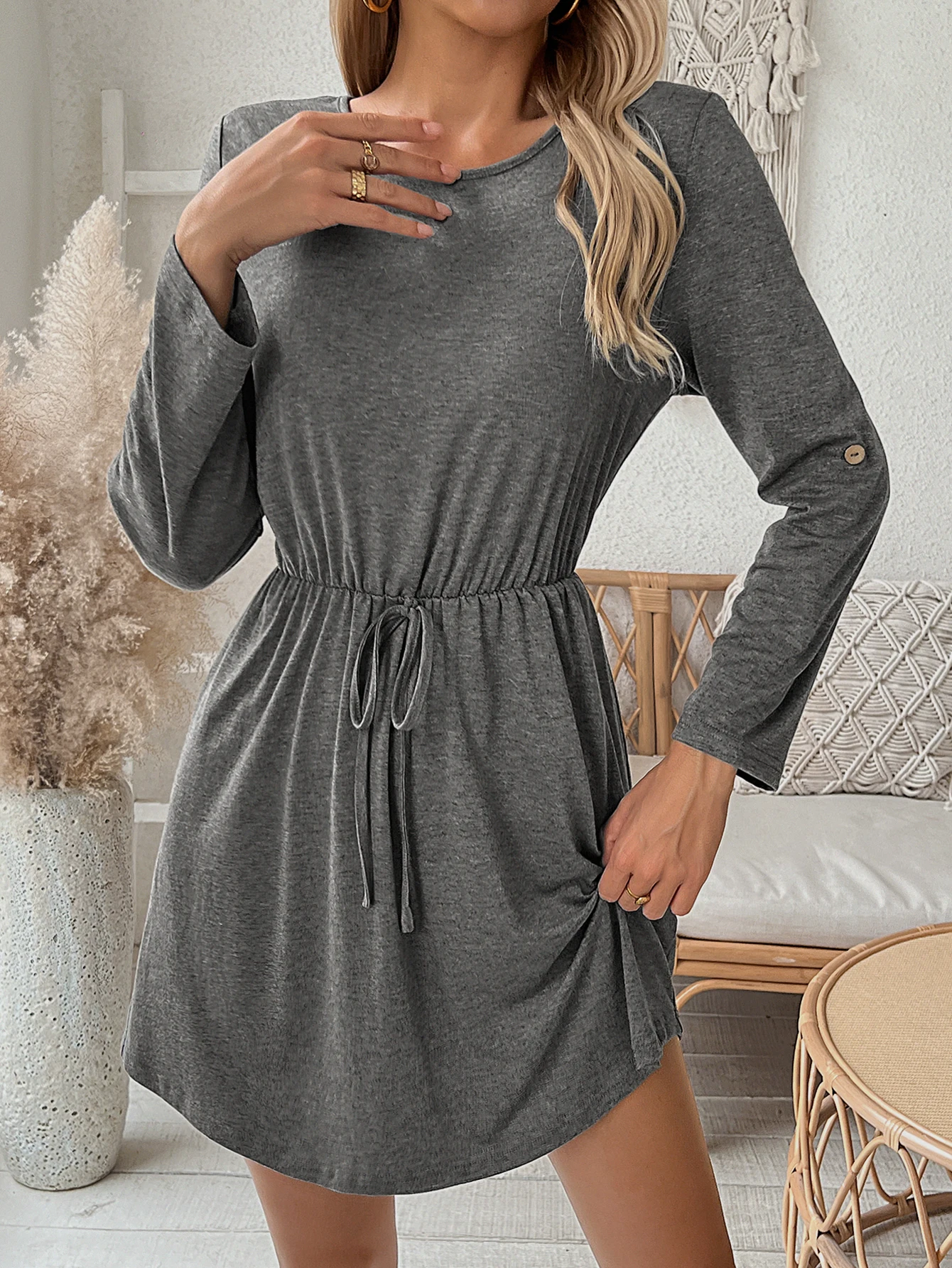 

2024 Spring Summer Women Solid Color Dress Long Sleeve Mini Causal Dresses O-Neck Basic A-line Drawsting Rope Waist Dress