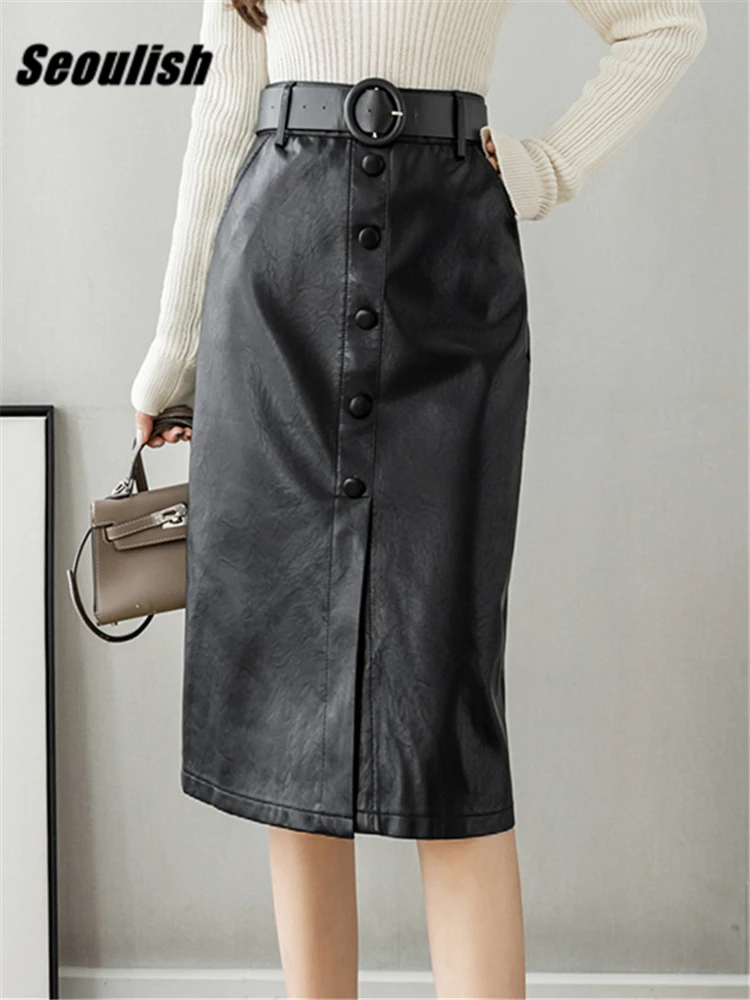 

Seoulish Single Breasted Faux PU Leather Women's Wrap Skirts with Belted 2022 New Autumn Winter High Waist Sheath Pencil Skirts