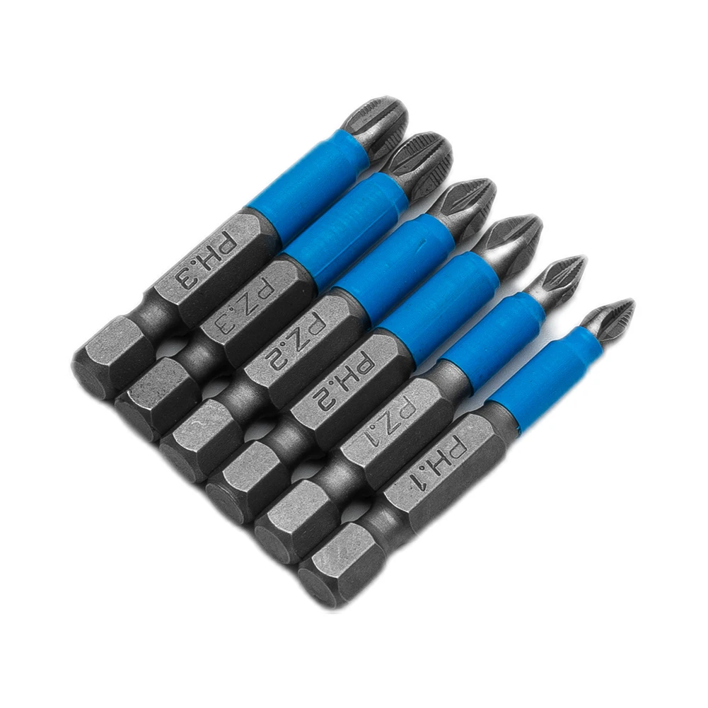 6Pc Bits Set Alloy Steel 50mm Impact Anti Non-Slip Magnetic Cross Tip PH1/PH2/PH3/PZ1/PZ2/PZ3 For 1/4\