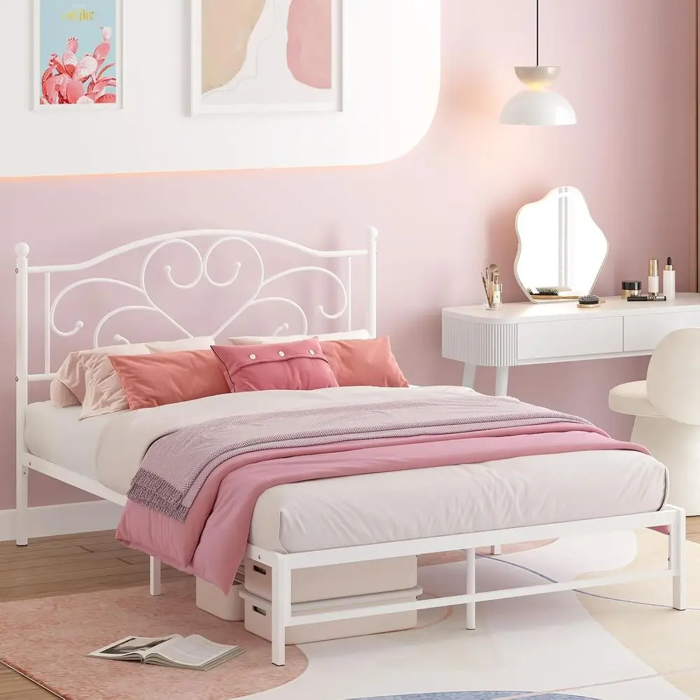 Full Bed Frame with Headboard Metal, Full Size, 11.2 Storage, No Box Spring, Easy Assembly, White