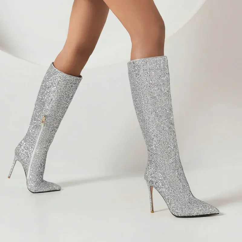 

Glitter Bling Bling Party Wedding Bridal Shoes Pointed Toe Stiletto Botines Gold Silver Red Sexy Women Knee High Heels Boots