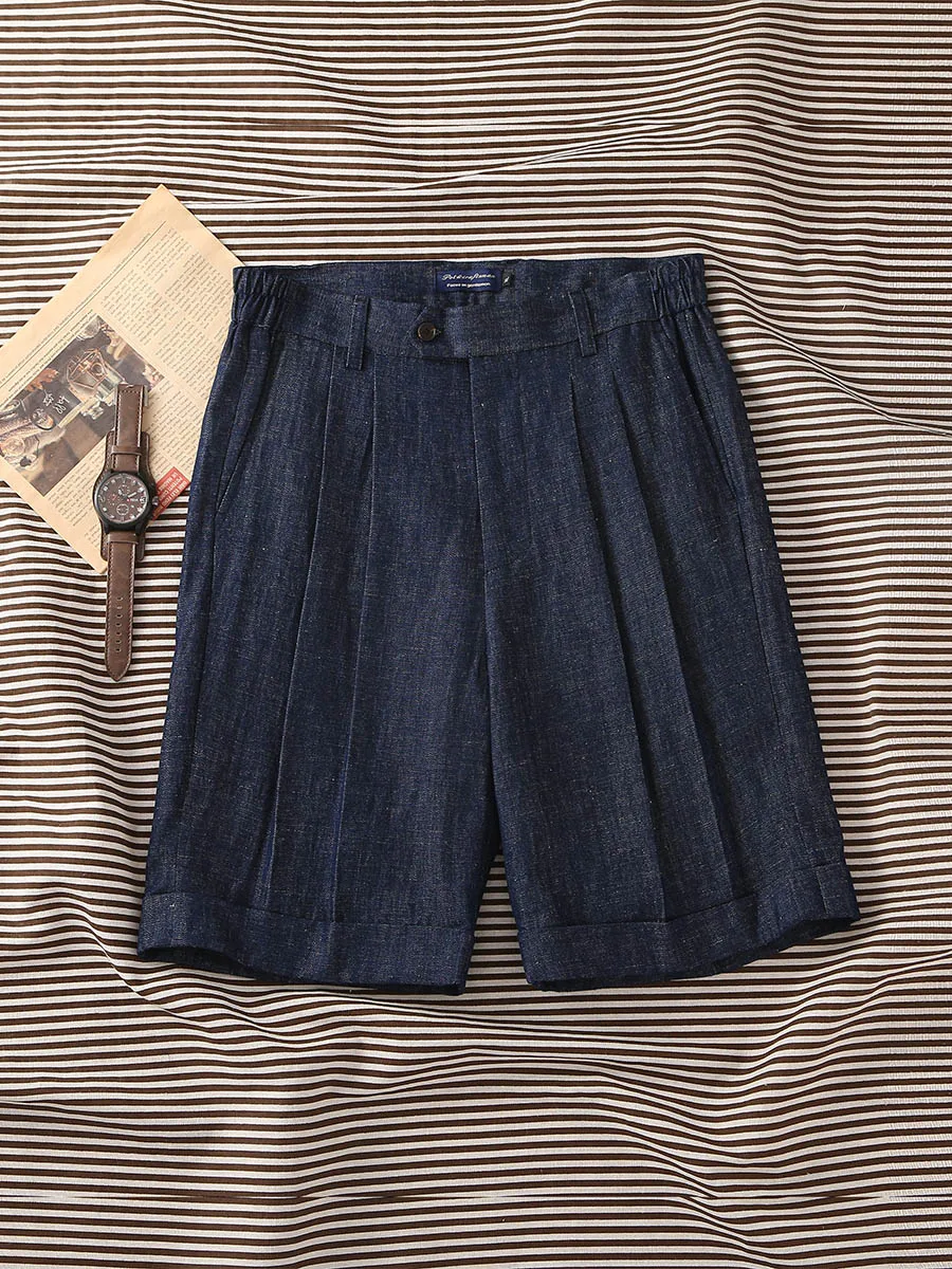 2026 Mens ElasticWaist LinenCotton Denim Blue Shorts  Relaxed Fit, Customizable