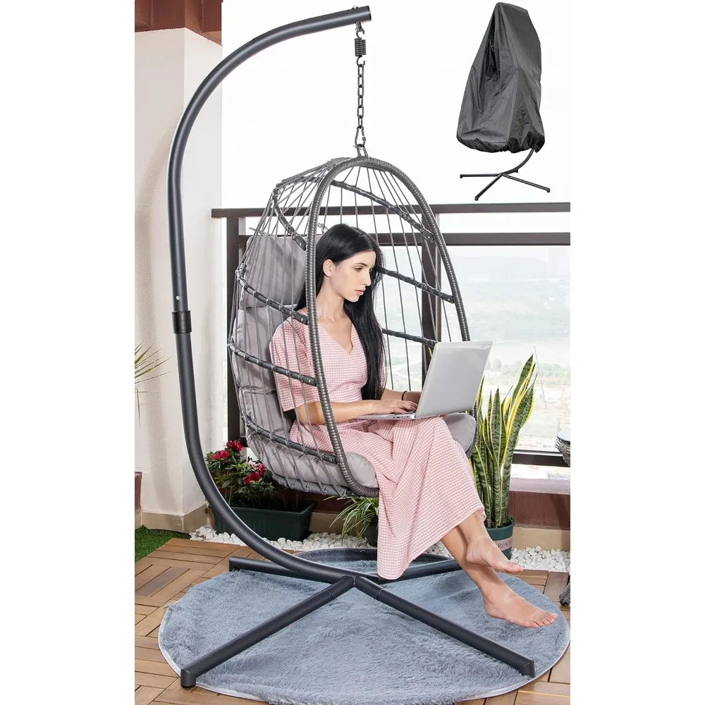 Egg Chair with Stand and Oxford Cover,450lbs Capacity Patio Wicker Hanging Swing Chair Indoor Outdoor with UV Resistant Cushion