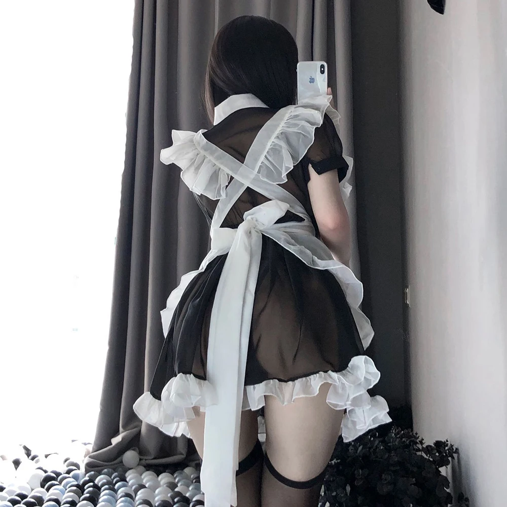 Robe de femme de chambre transparente, tablier français, costume de servante cosplay, robe de nuisette, tenues de jeu, lingerie mignonne, douce et sexy, 7,0 plis