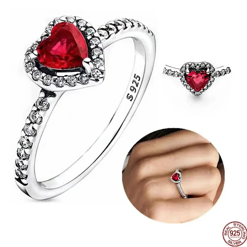 New 925 Sterling Silver Ring Red Heart Colorful Crystal Ring Women's Engagement Ring Festival Birthday Gift DIY Jewelry