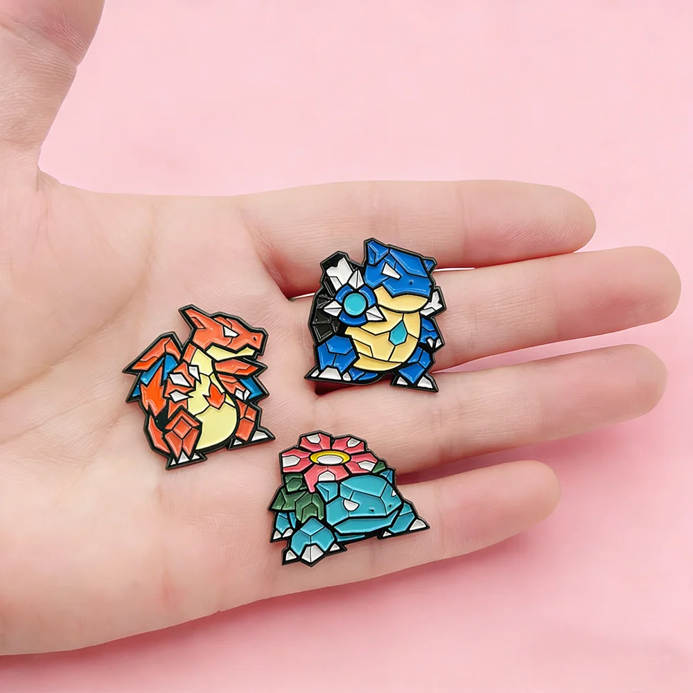 3Pcs Pokemon Charizard Enamel Pin Set - Mosaic Style Blastoise Venusaur Brooches, Anime Lapel Badges for Collectors