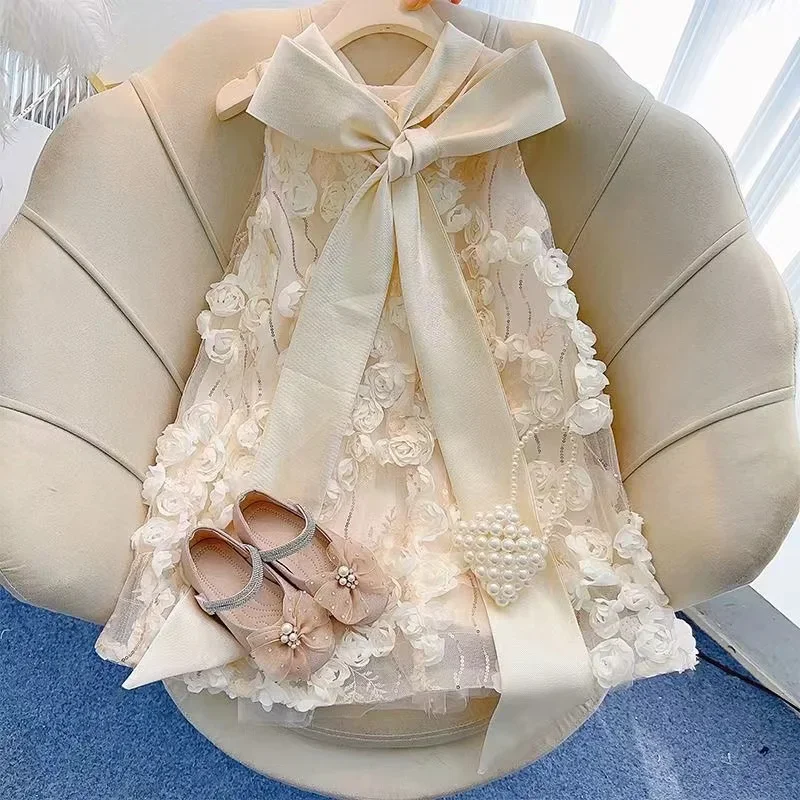 

Spring Autumn Clothes 2-8 Years Kids Clothing HOT Baby Girls Dress Kids Children Vest Dress Bow Princess Dress