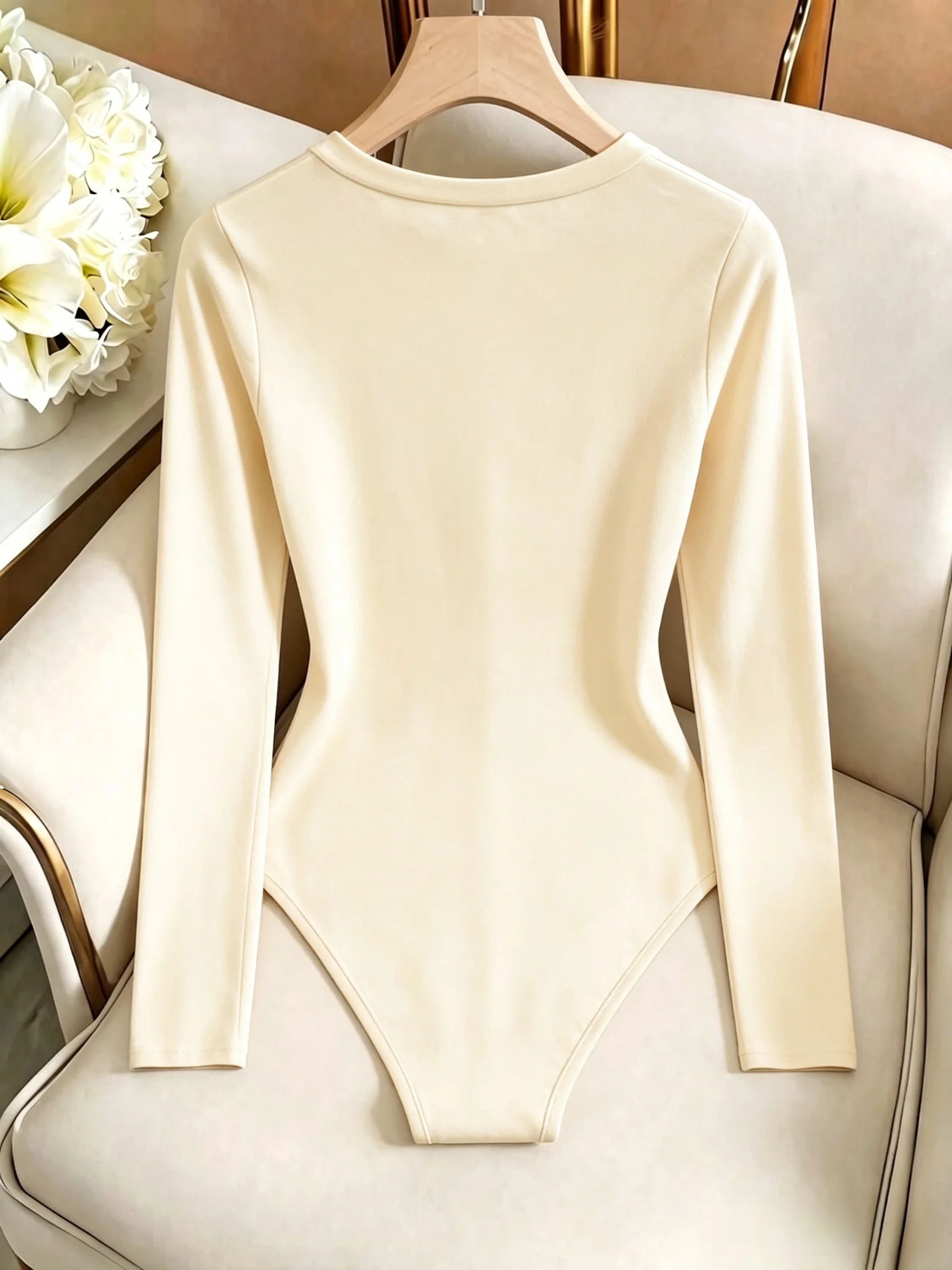 Damen-Body mit Rundhalsausschnitt und langen Ärmeln, hoch geschnitten, schmal geschnitten, figurbetont, Y2K, sexy, lässig, Basic, einteiliges Oberteil – Detail 10