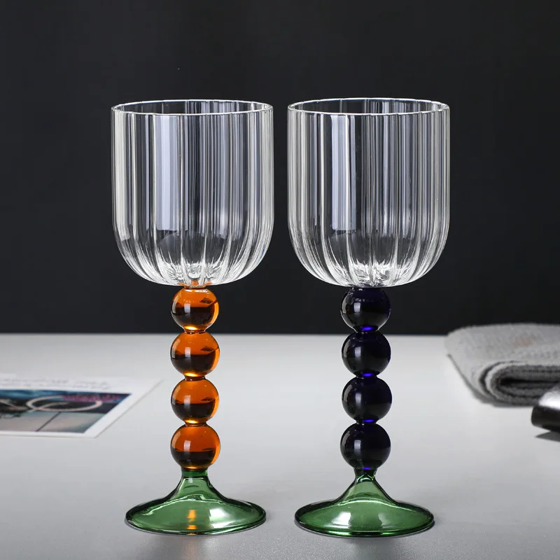 

1 PC 360ml 12oz Heat Resistant Creative Nordic Vertical Ripple Blue Amber Pink Colored Ball Twisted Stem Wine Glass Cup