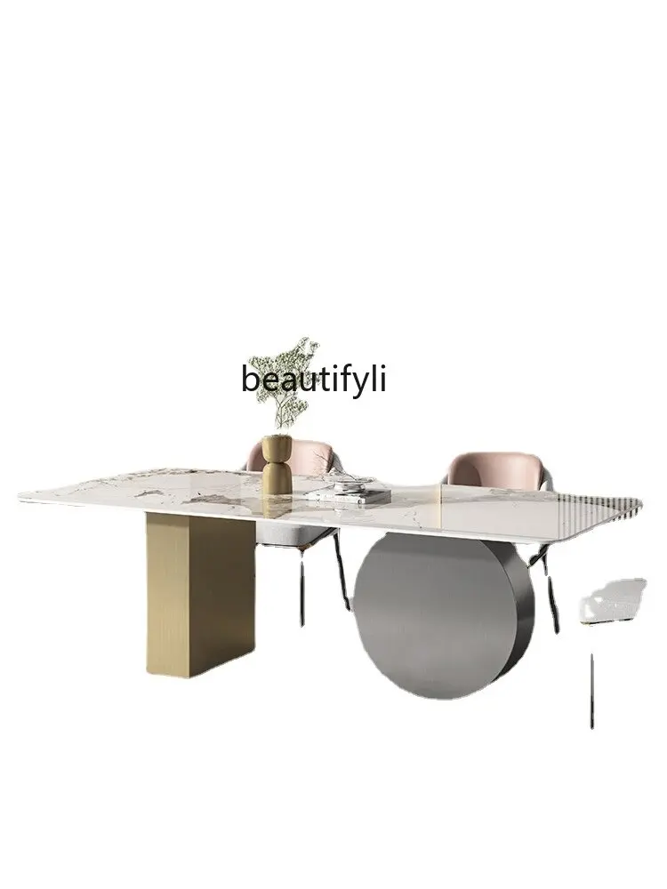 

Dining Table Light Luxury Household Rectangular Designer Model Italian Light Stone Plate Dining Tables and Chairs Set