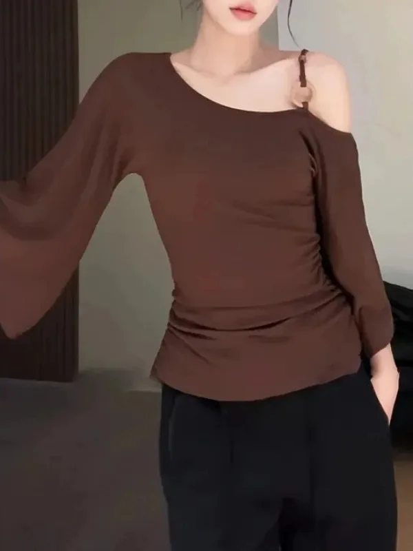 plus Size Commuter  Color Asymmetrical Shoulder Short Sleeve T-Shirt Women Summer Slimming Belly Covering Shoulder Barin...