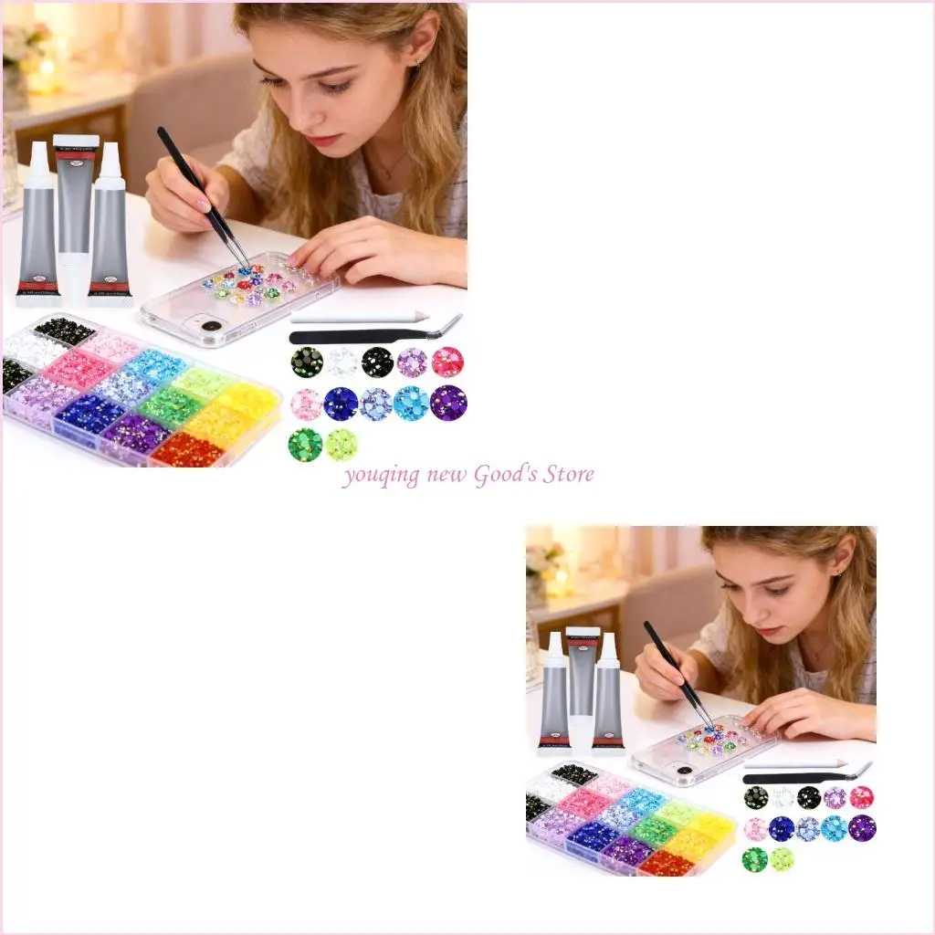 

57QA Flat Bottom Rhinestones Set Including Curved Tweezers For Nail Decoration