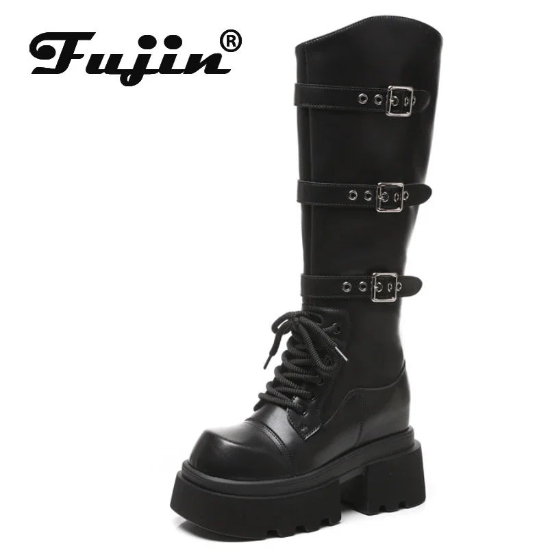 Fujin 9.5cm Microfiber Women Boots Synthetic Boots Leather Autumn Platform Wedge Knee High Fashion British Ankle Spring Shoes