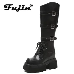 Fujin 9.5cm Microfiber Women Boots Synthetic Boots Leather Autumn Platform Wedge Knee High Fashion British Ankle Spring Shoes