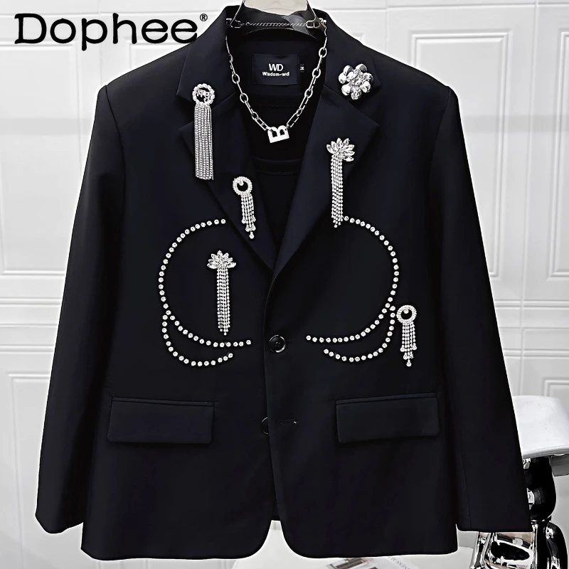 

2025 Men's Autumn New Suit Jackets Men's Rhinestone Tassel Stylish Trendy Long Sleeve Tailored Coats Male Sparkling Chic Blazers