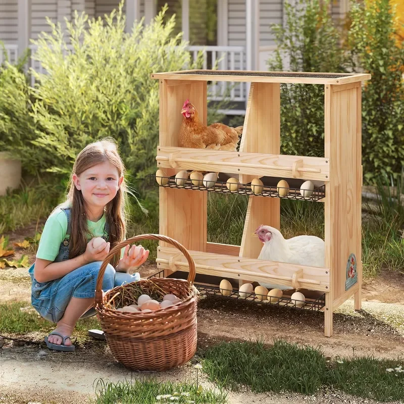 Nesting Boxes for Chickens 2-Tire Roll-Away Egg Collection-with Wire Mesh and Insulation Pads Waterproof Wooden Chicken