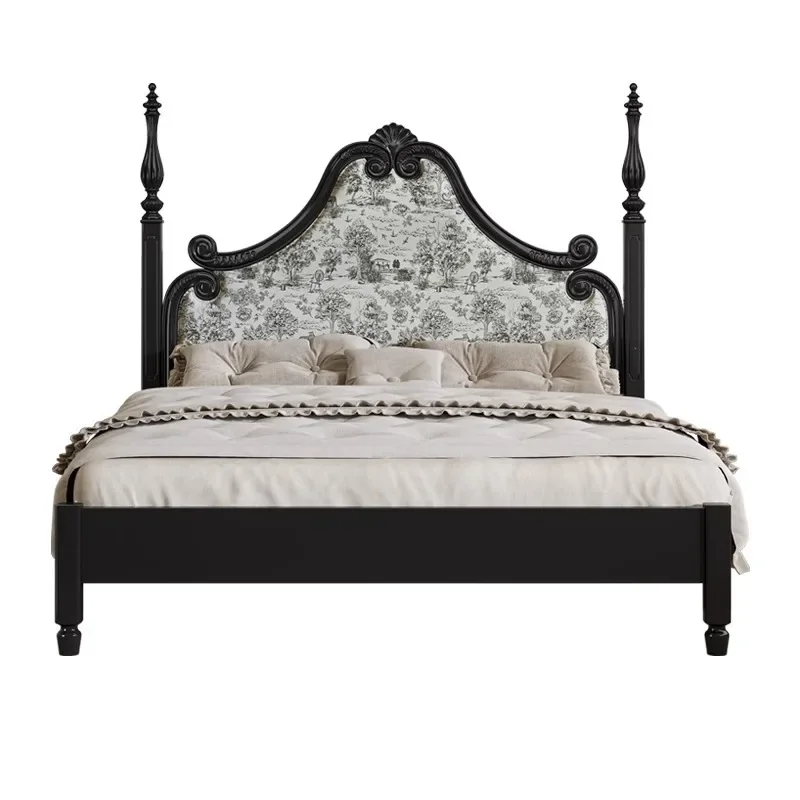 

French retro bed black solid wood bed modern simple 1.8m double American soft bag bed medium ancient master bedroom wedding