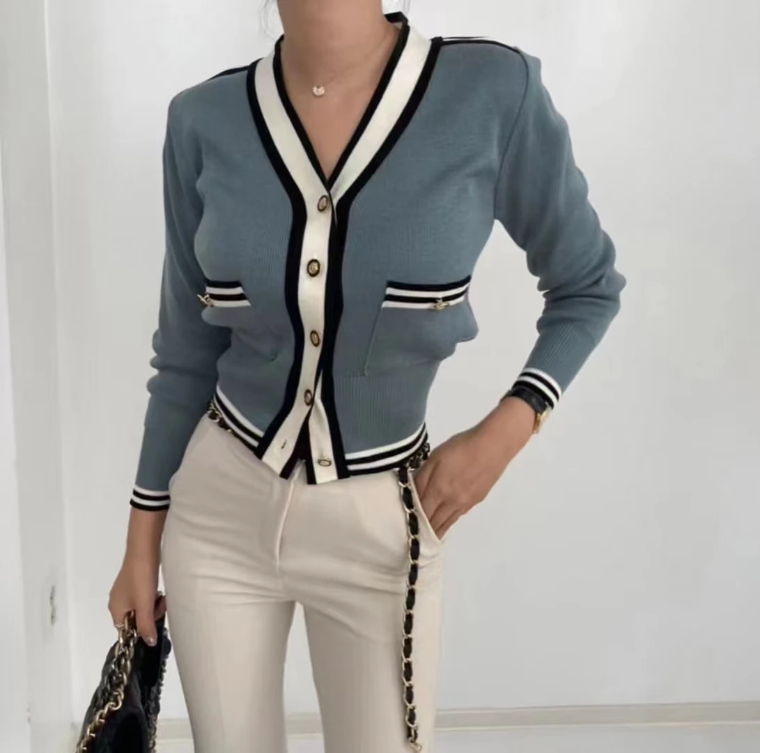 2023 New Fall Winter European Clothes Cardigan Knitted Sweater Chic Sexy Striped Button Up Women Long Sleeve Casual Tops 311003