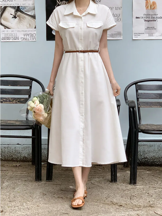 Summer New Pure Color Turn-down Collar Single Button Short Sleeve Dress Skirt Women with Belt Korean Style Spring Autumn Winter