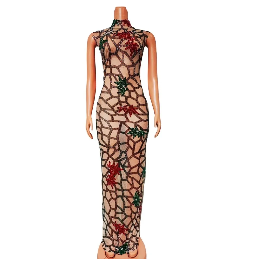 섹시한 민소매 롱 드레스 화려한 라인스톤 여성 투명 이브닝 가운 프롬, 생일, 캣워크, 무대 의상에 완벽