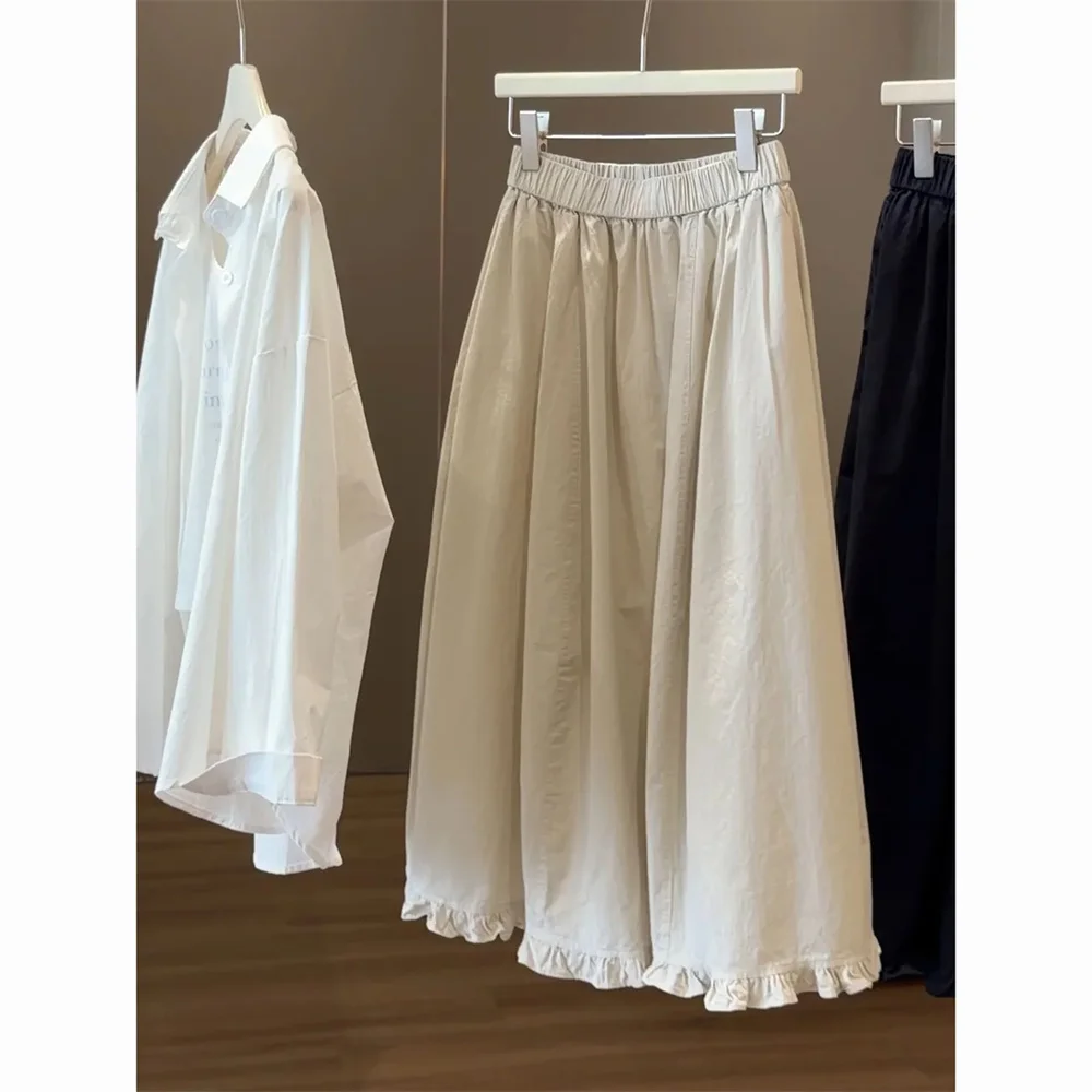 

Elegant Simple Ruffle Hem Midi Skirts Women's Spring 2026 Large Flounce A-line Skirt Office Ladies Loose Slimming Solid Summer