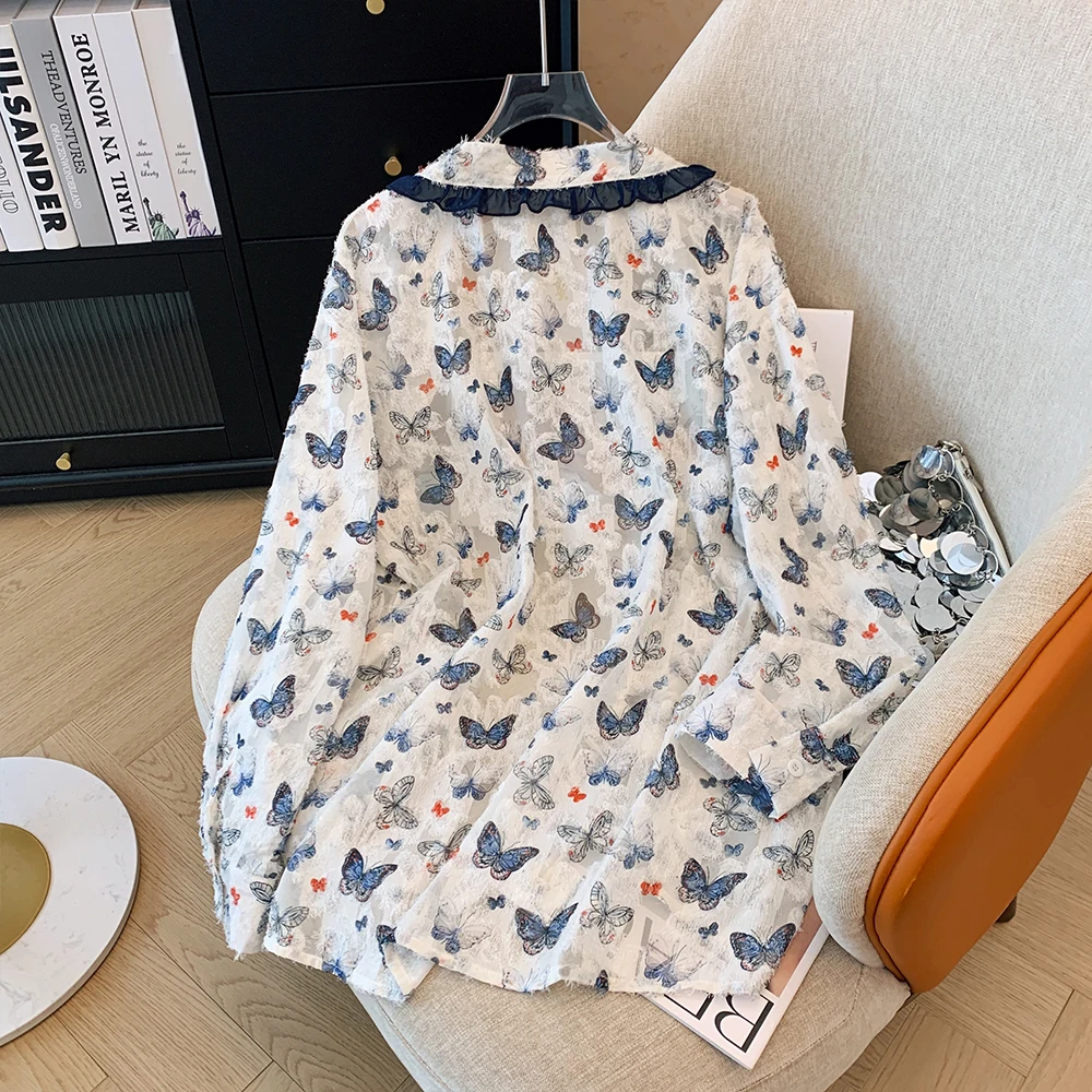 Spring summer autumn plus size women's casual top jacquard technology lace-up cardigan thin sunscreen coat butterfly print coat