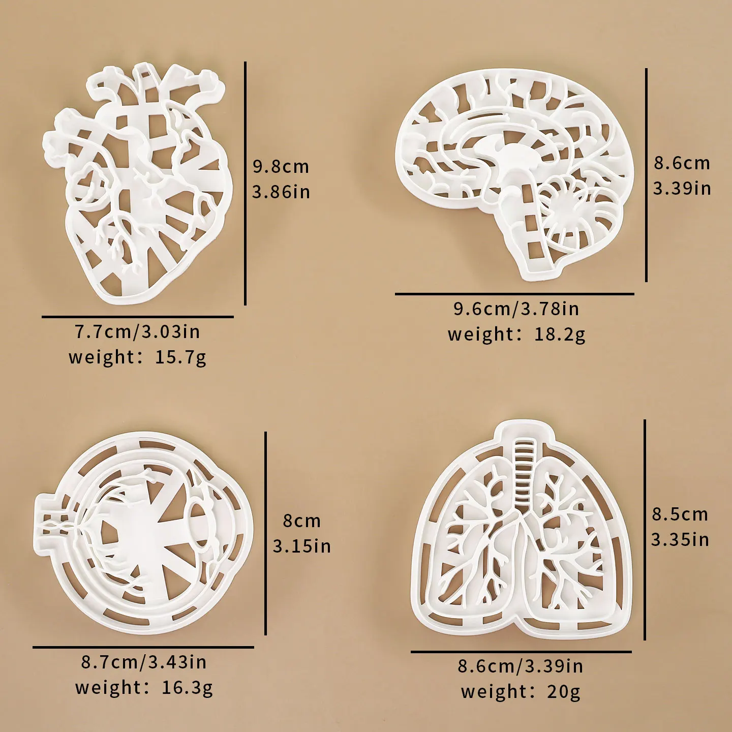 4 Pcs Human Organ Cookie Molds 3D Internal Organ Lung Heart Brain Eyeball Fondant Clay Molds for Halloween Themed Party Decor